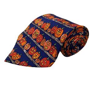Alynn Mens Blue Silk Halloween Tie Jack-O-Lantern Contest Pumpkin Pattern USA Ma